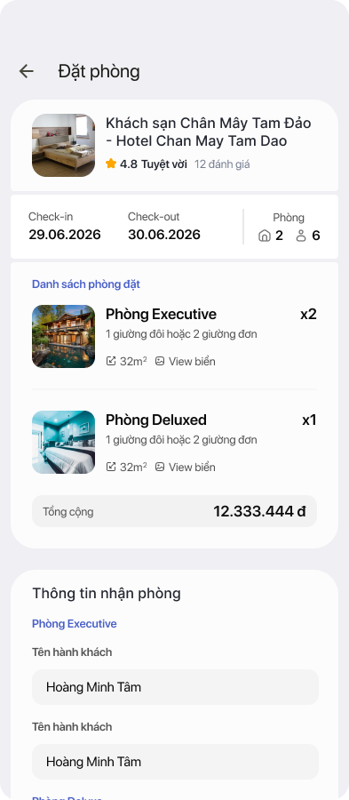 Màn hình đặt phòng trên COPX