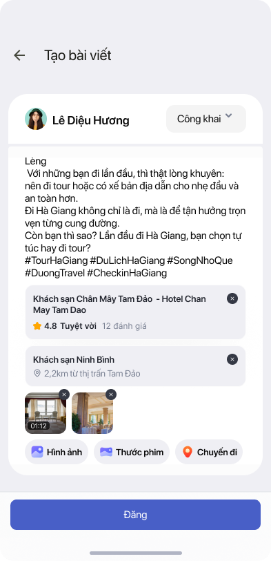 Màn hình tạo bài viết chuyến đi trên COPX
